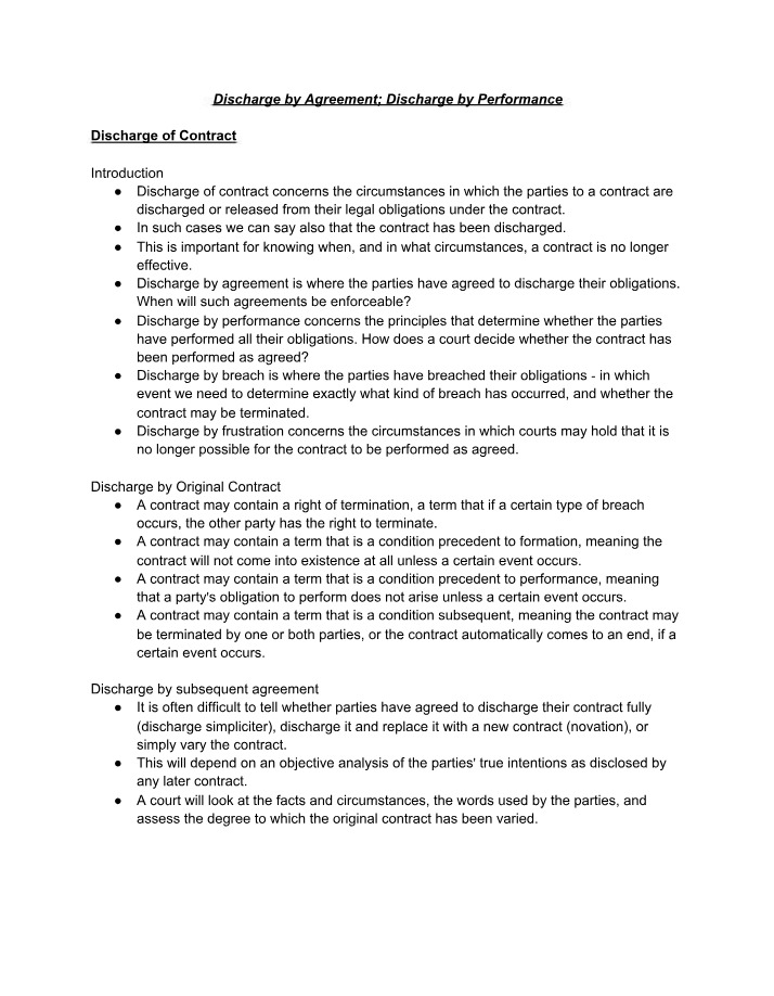 Discharge by Performance and Agreement
