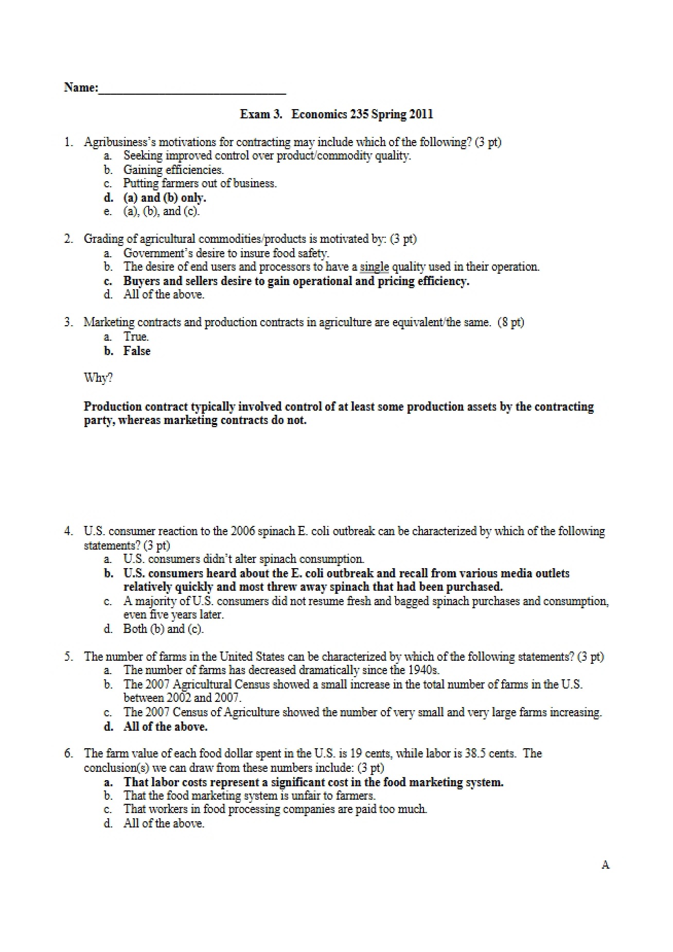 Answer Key for the Third Exam in Agricultural Markets, Version A
