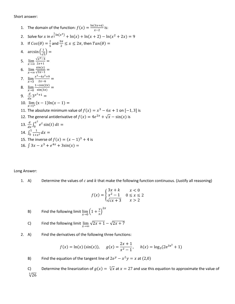 Exam Questions and Solutions for Calculus I