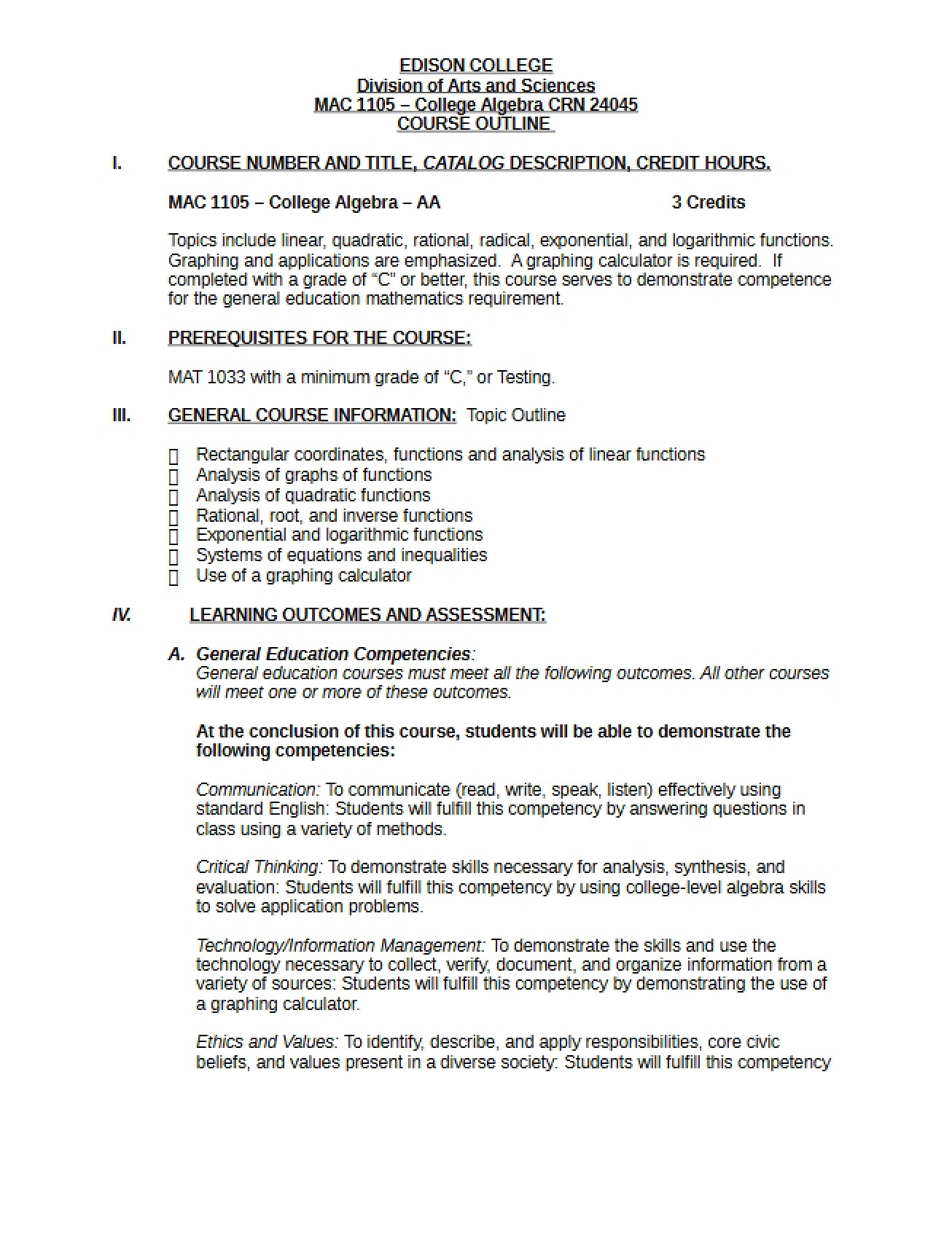 College Algebra Syllabus v1