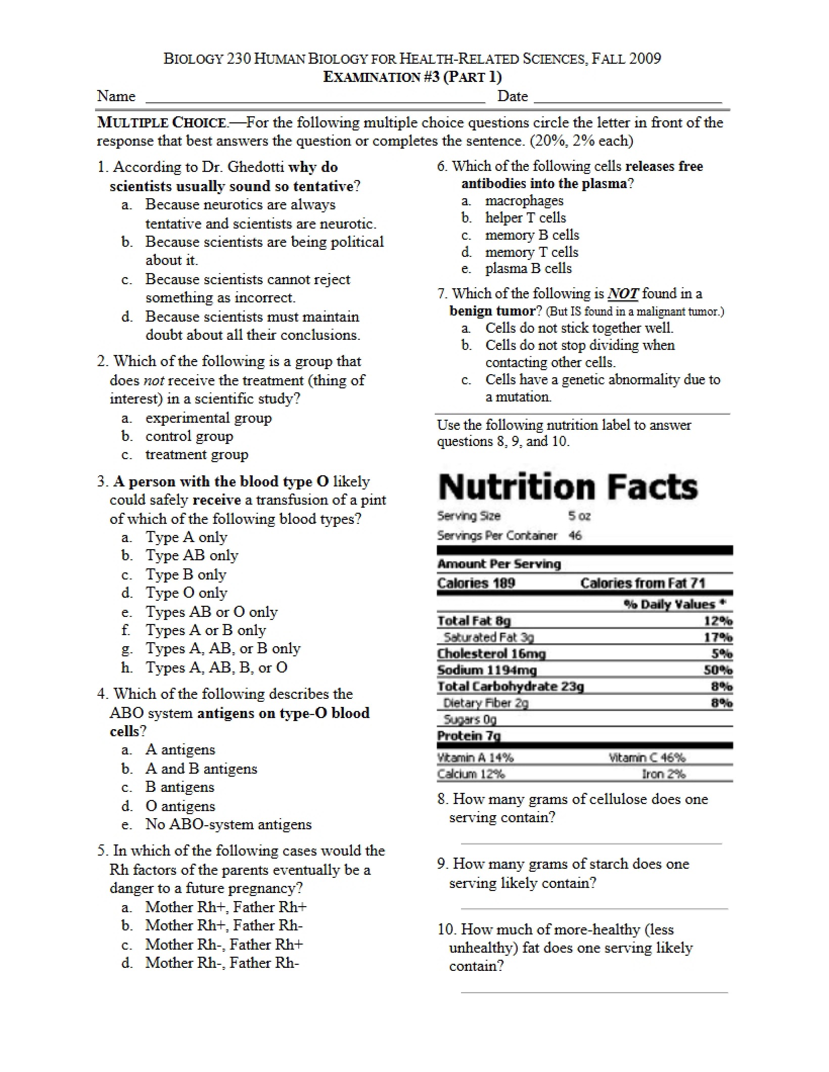 Examination for Human Biology
