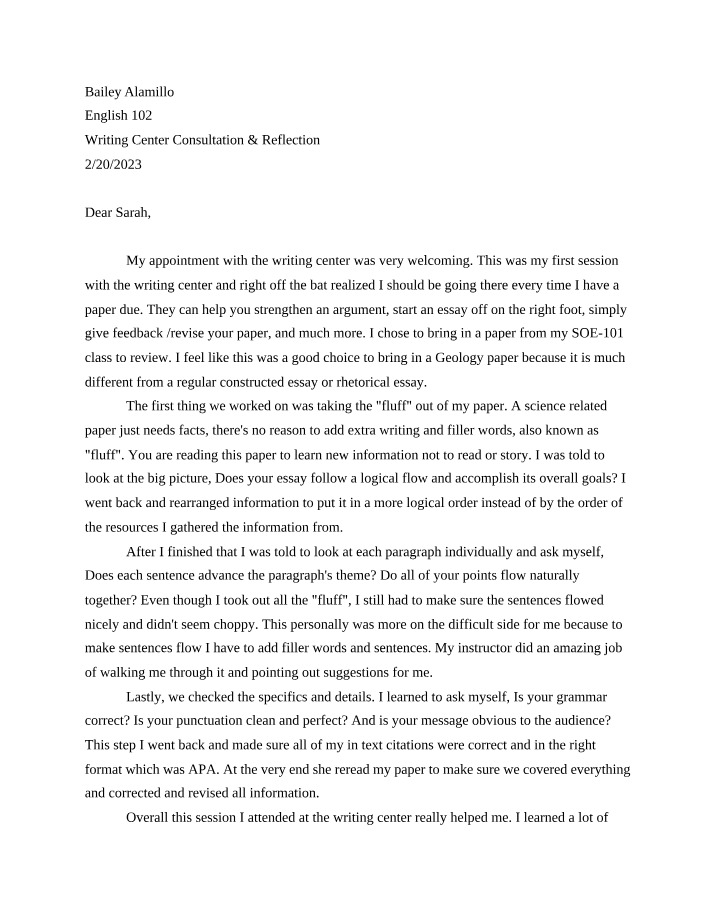 Writing Center Reflection and Consultation