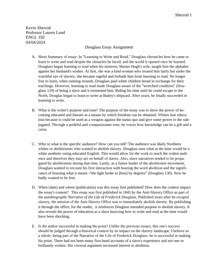 Assignment - Douglass Essay