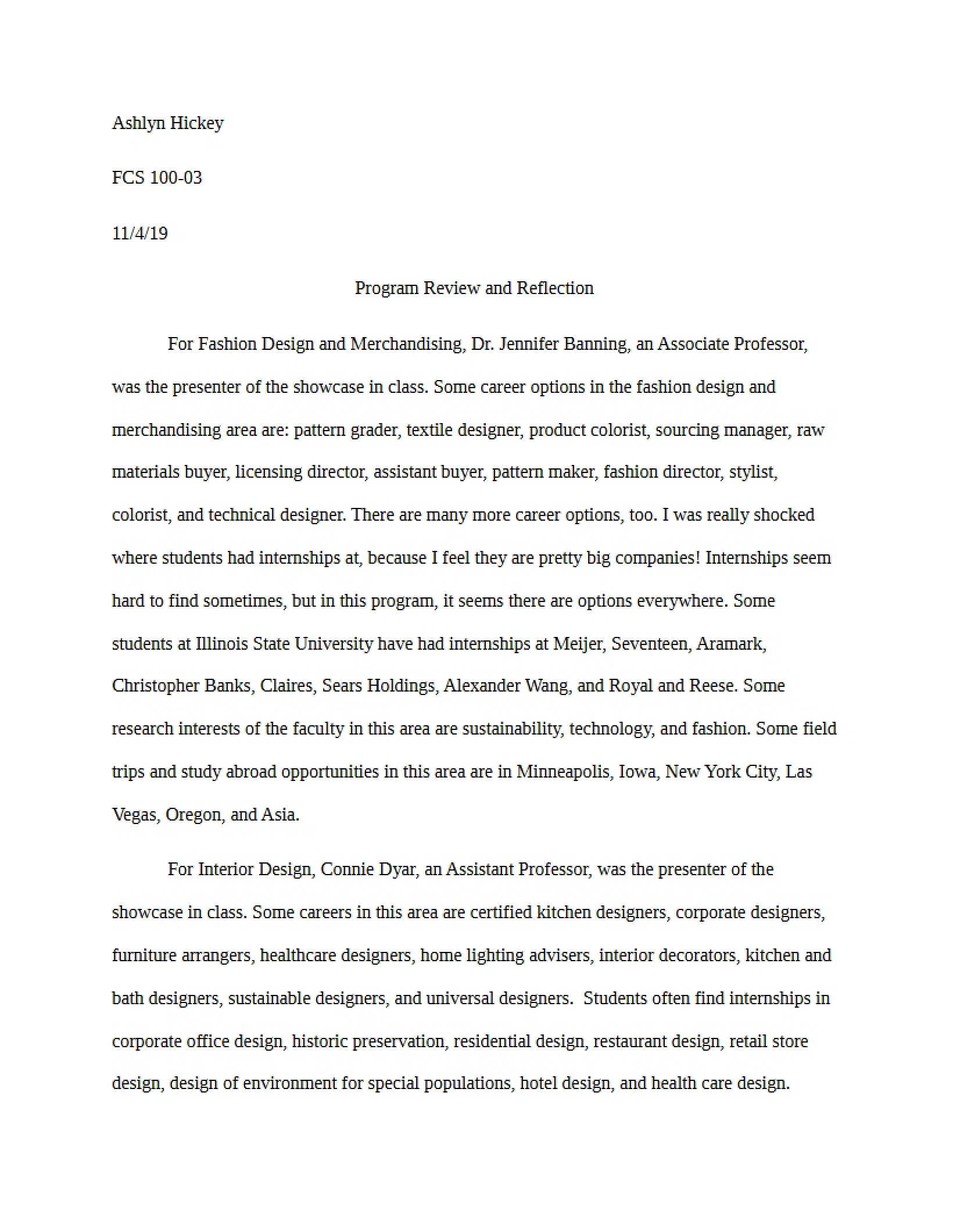 Reflection and Review of Program