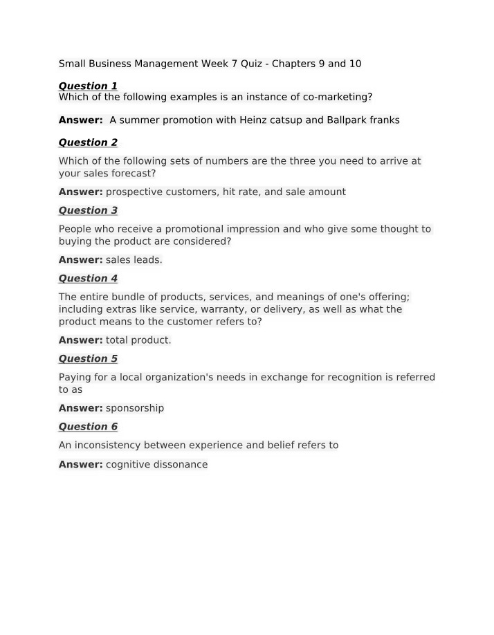 Week 7 Quiz - Small Business Management (Chapters 9-10)