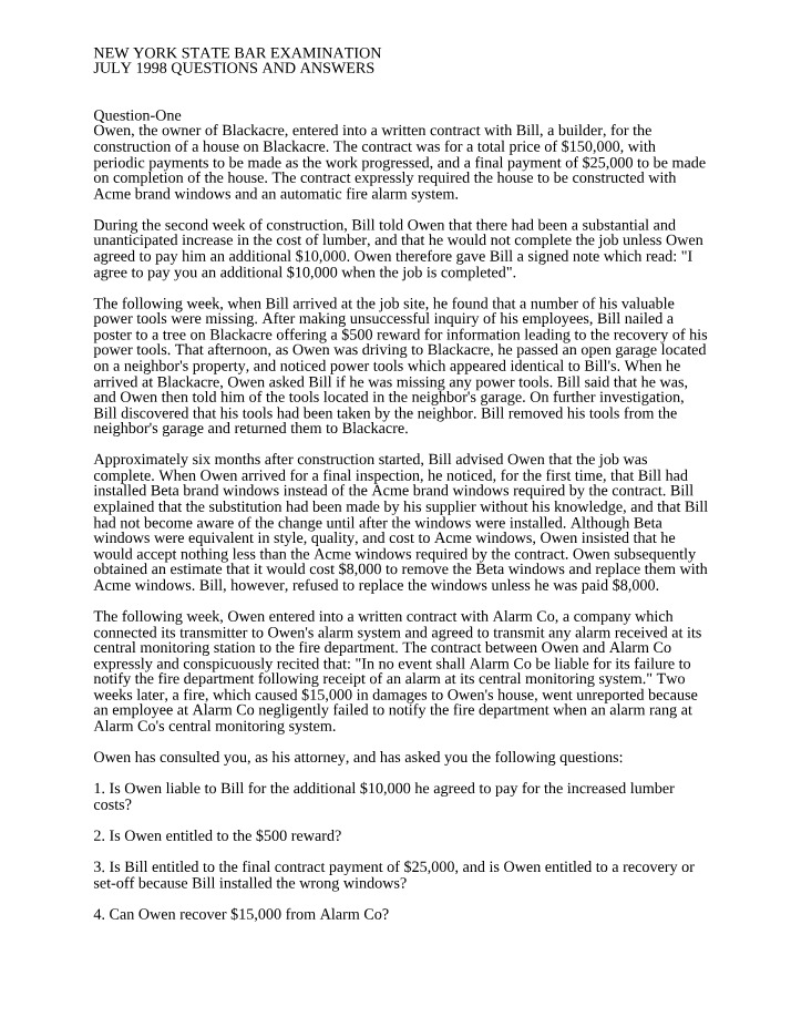 July 1998 Bar Exam Questions and Answers