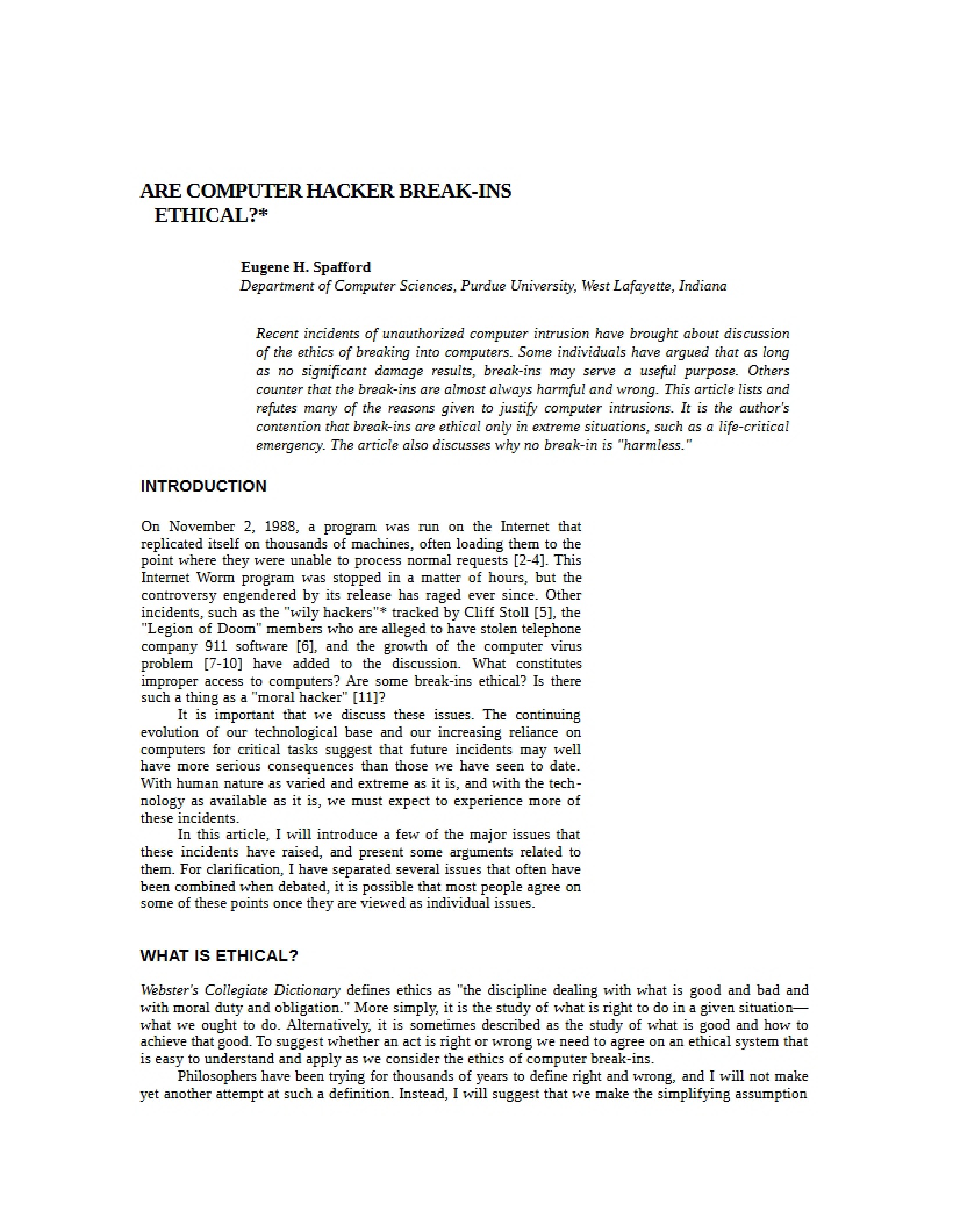 Ethical Analysis of Hacker Break-ins