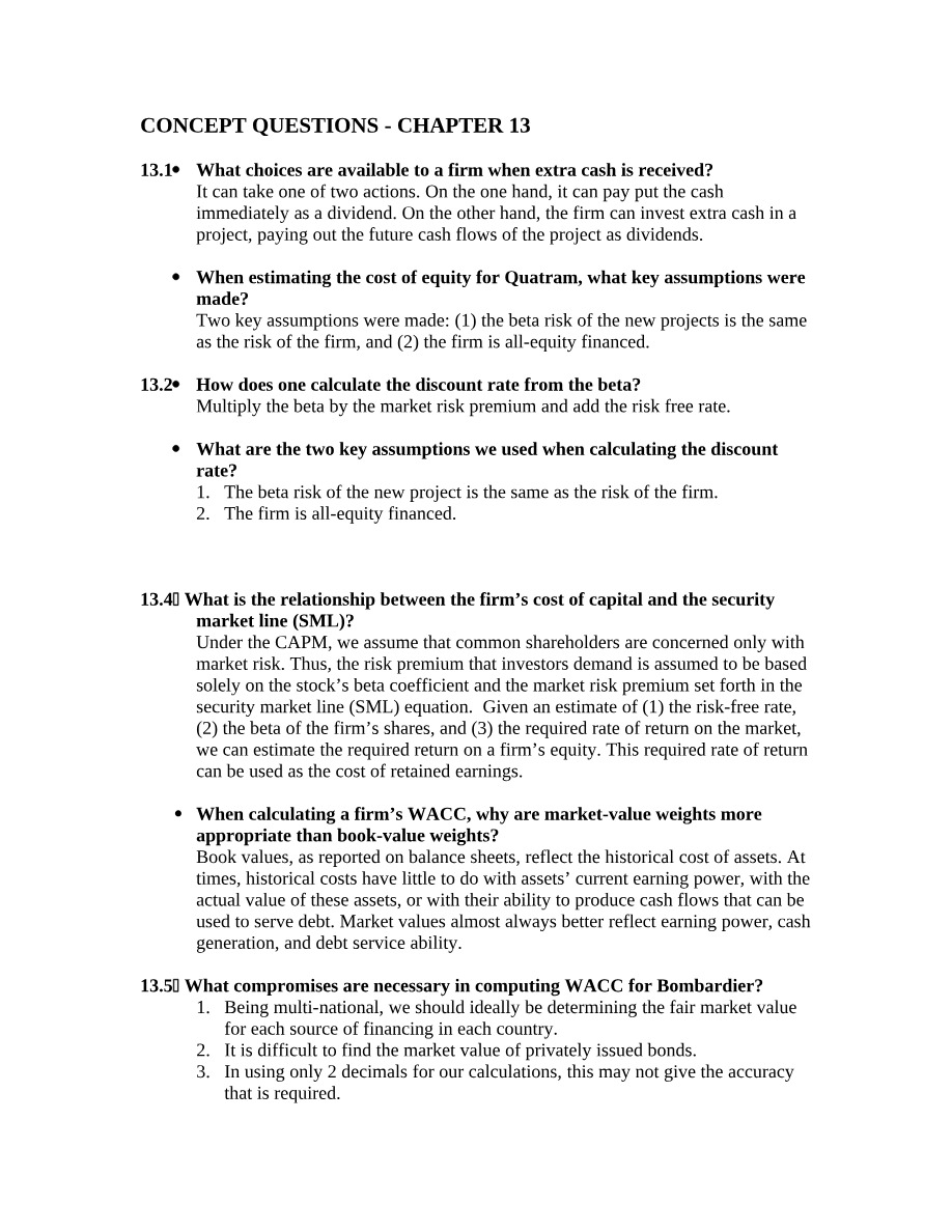 Concept Questions for Finance (Chapters 13, 16, 27, 29)