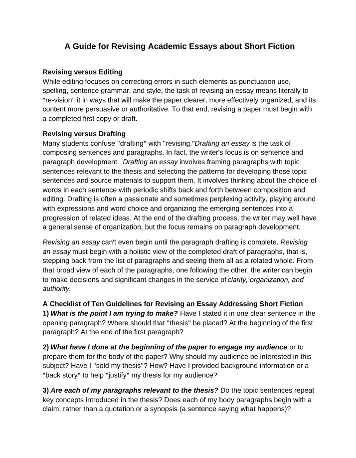 Guide to Revising Academic Essays about Short Fiction