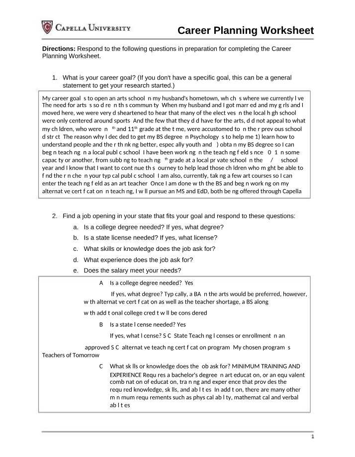 Worksheet for Career Planning