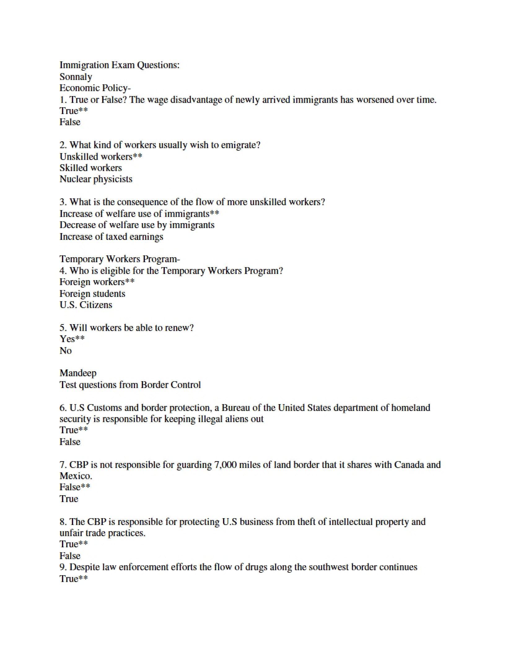 Exam Questions on Immigration