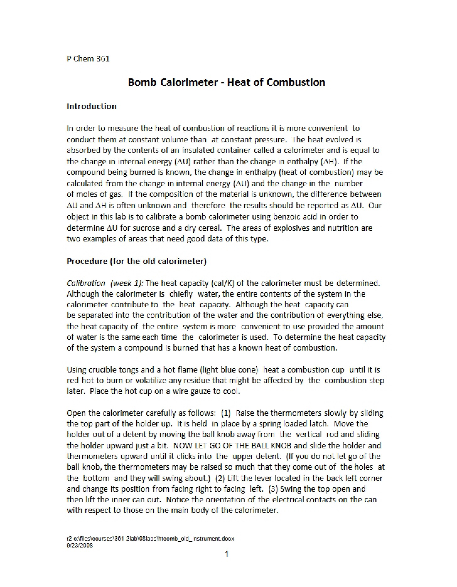 Heat of Combustion Bomb Calorimeter