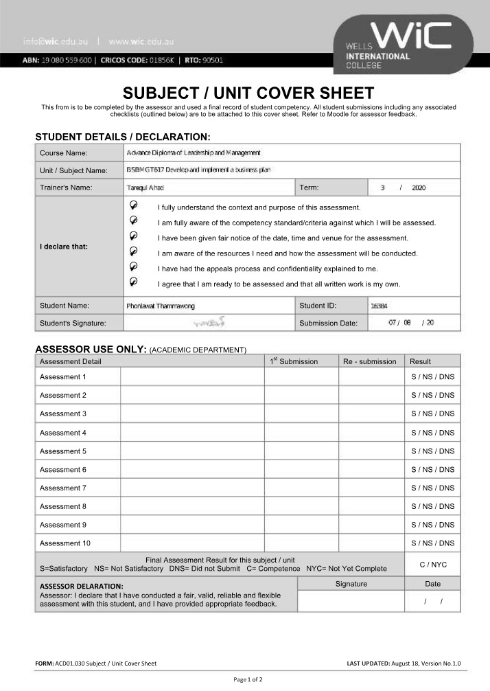 Assessment and Submission Receipt for Business Plan