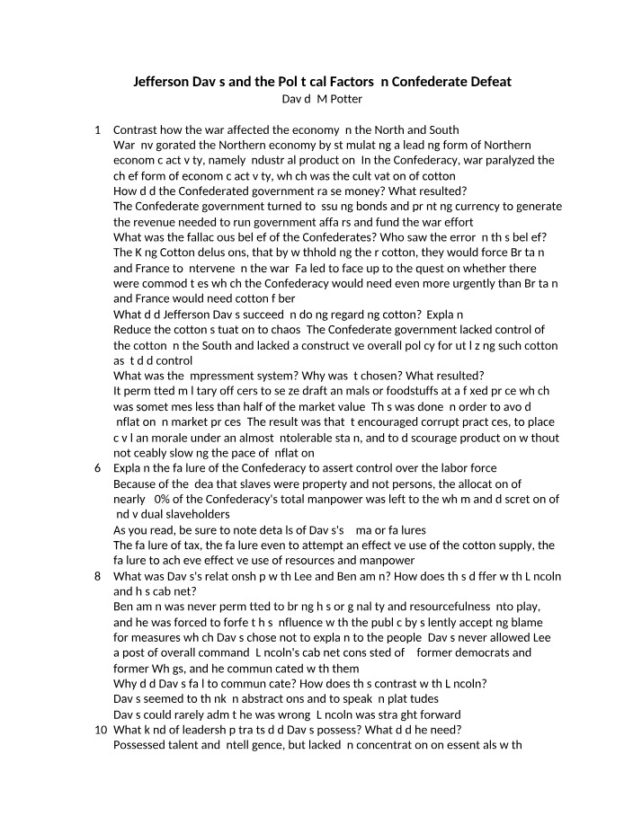 Jefferson Davis and Political Factors in the Confederate Defeat