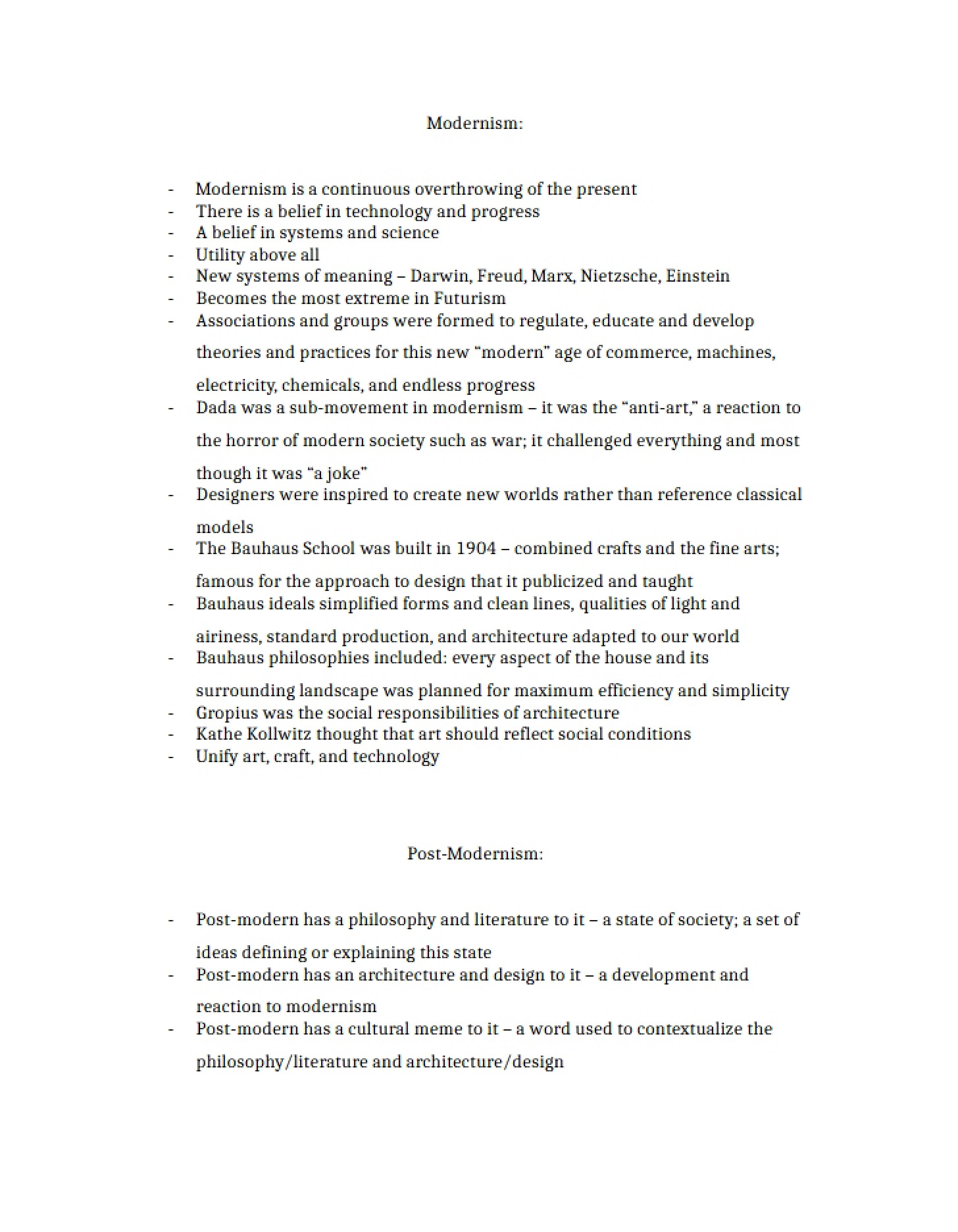 Post-Modernism and Modernism Notes