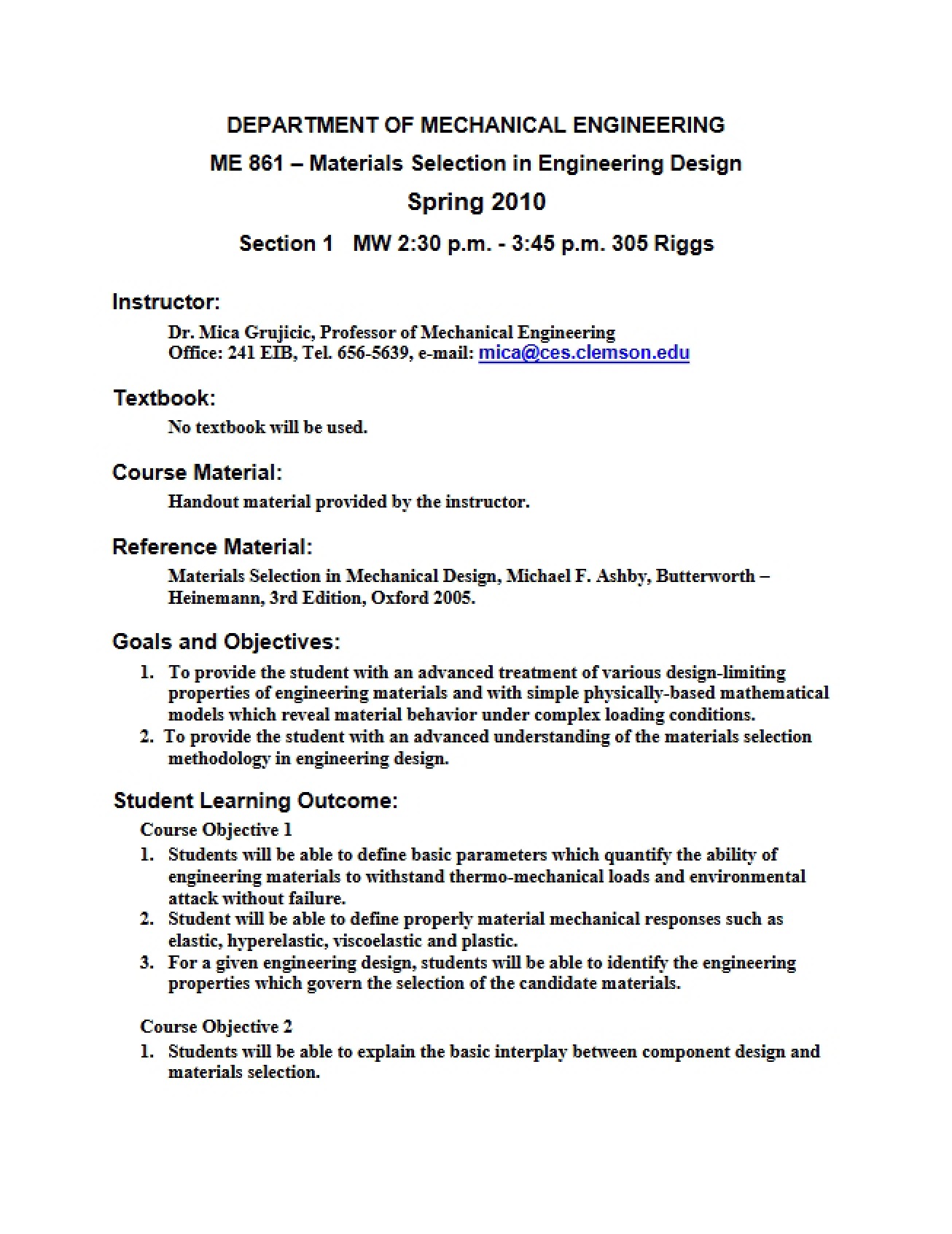 Syllabus for Material Selection (Part 1)
