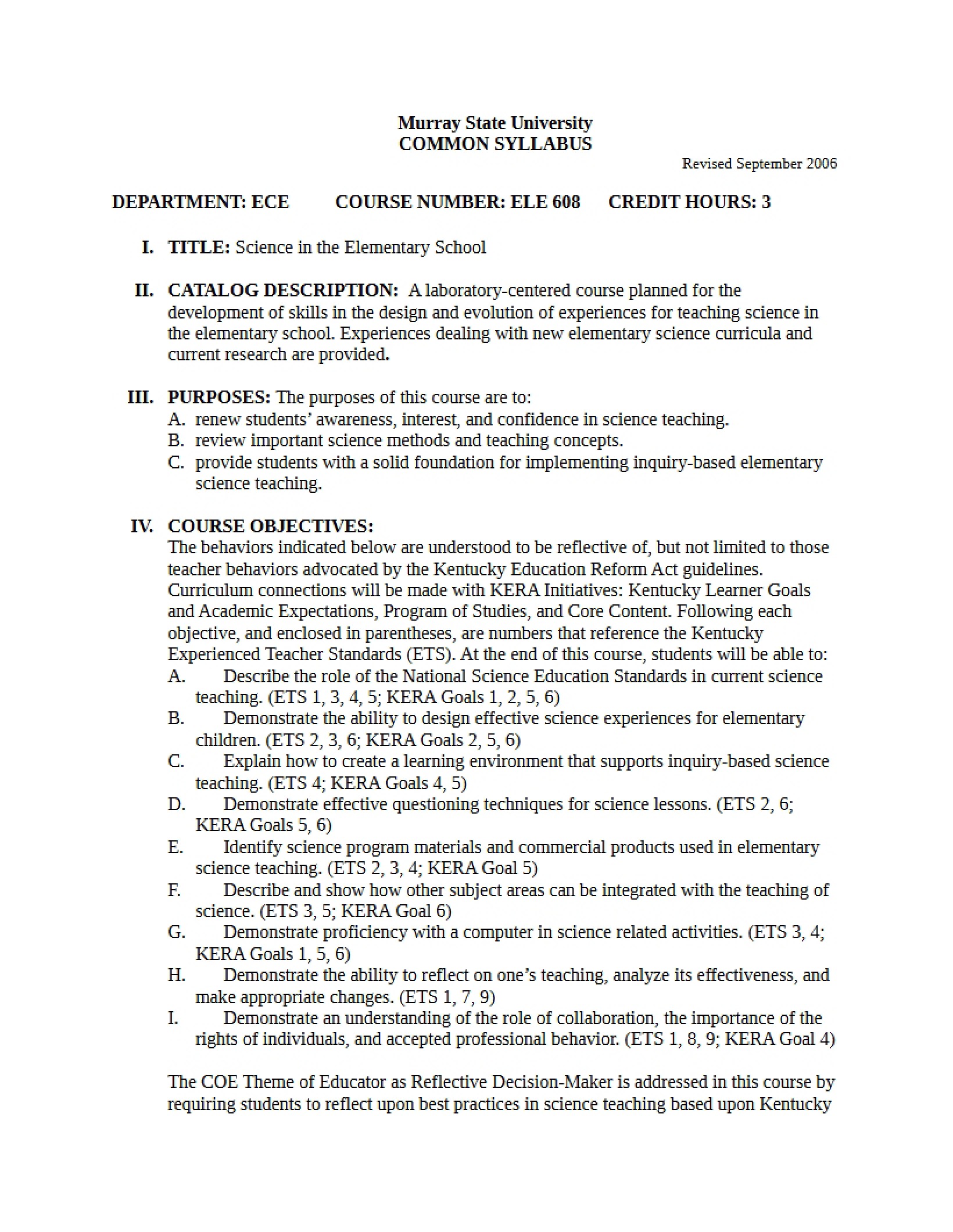 Syllabus - Integrating Science Across the Curriculum