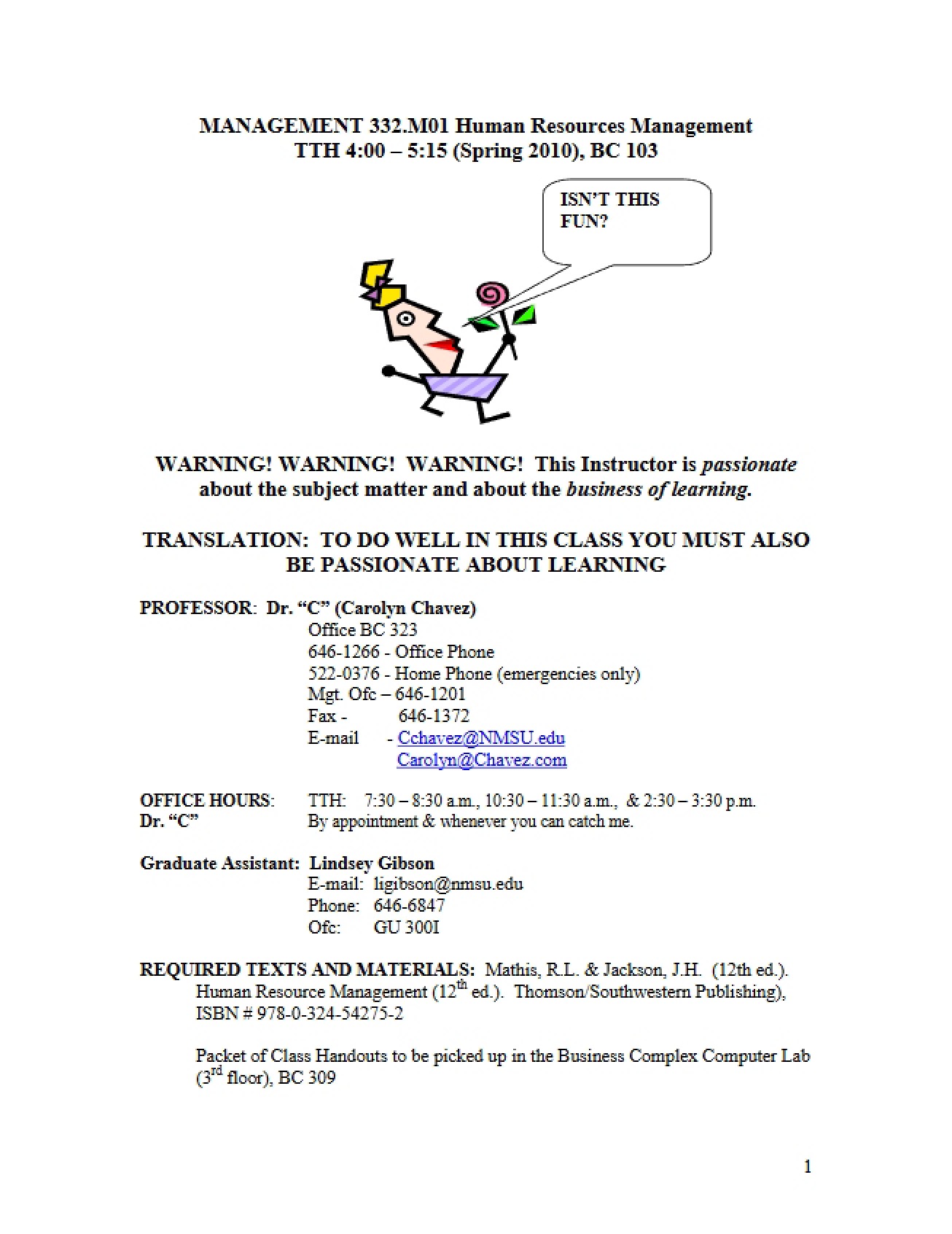 Human Resources Management Syllabus - Spring 2010 - Chavez