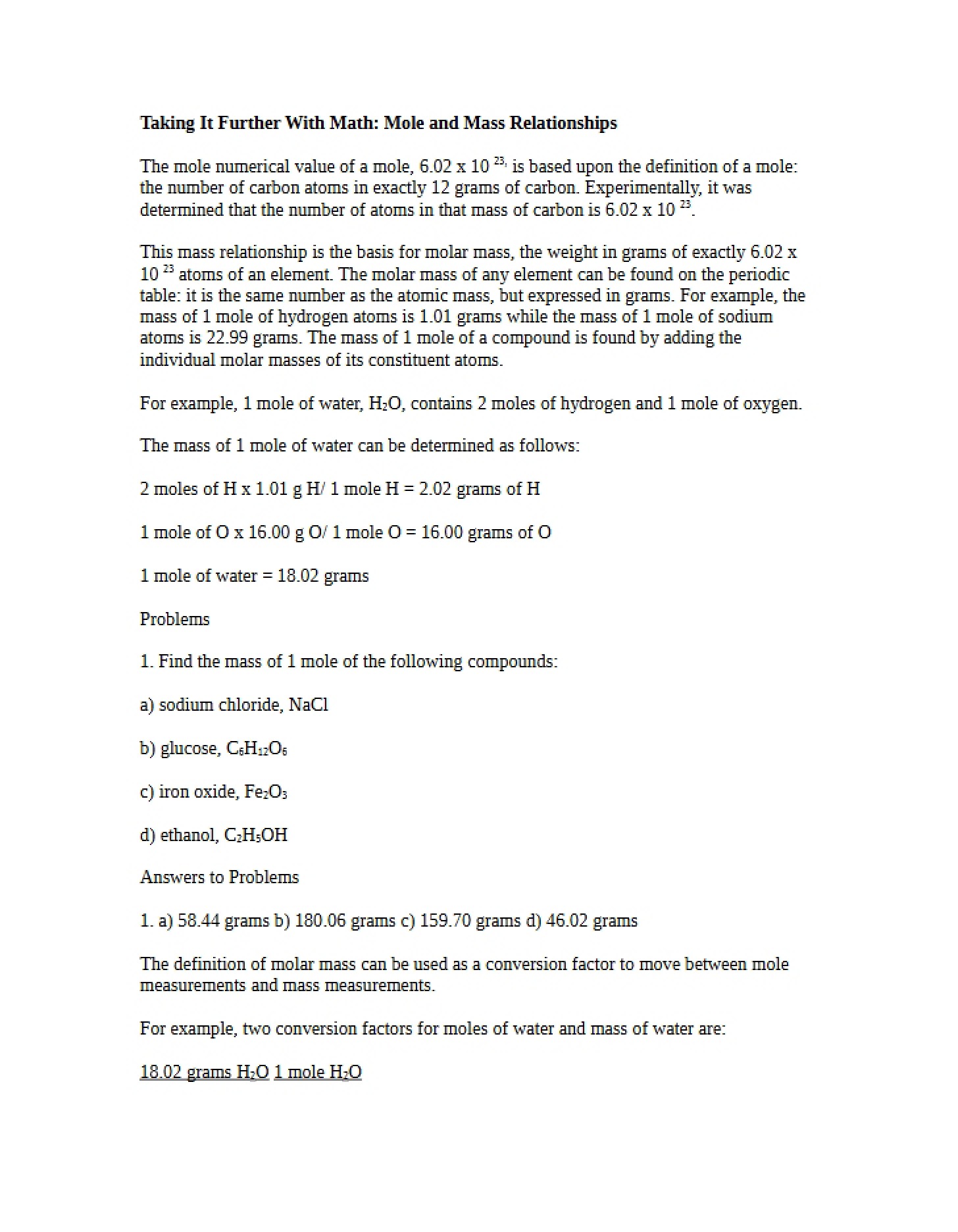 Mole and Mass Relationships (Math Extension)
