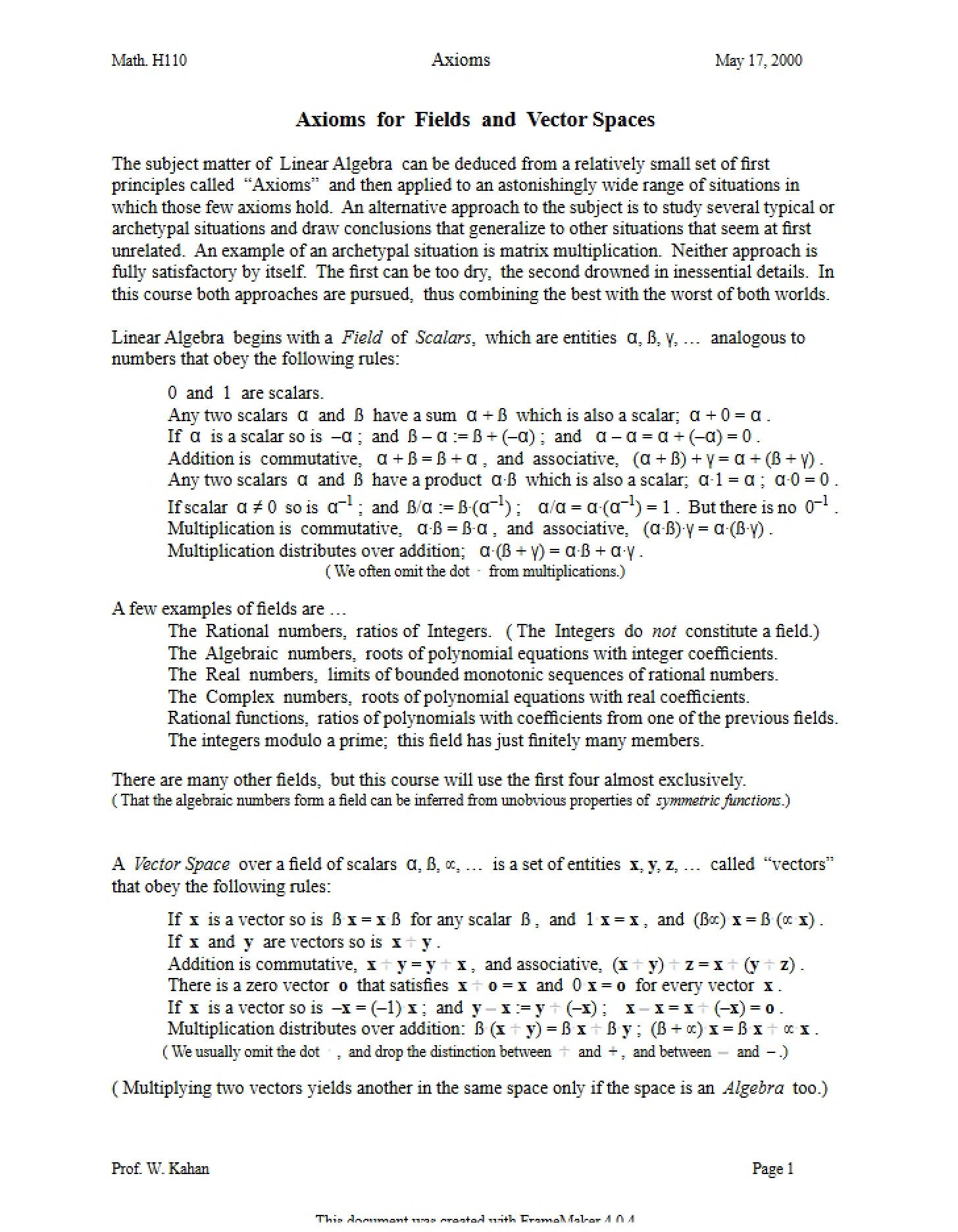 Vector Spaces and Fields Fundamental Axioms