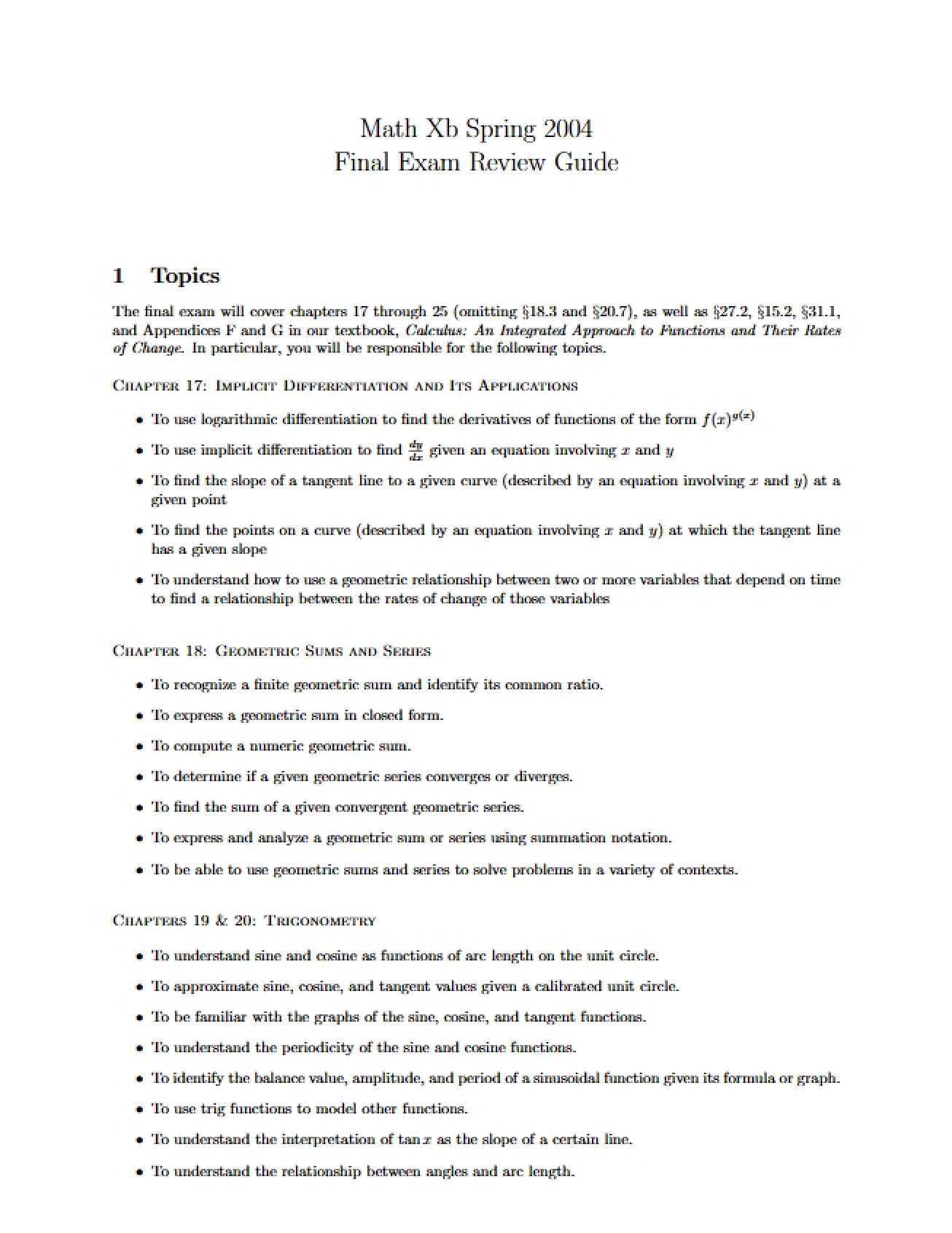 Functions and Calculus II Final Review