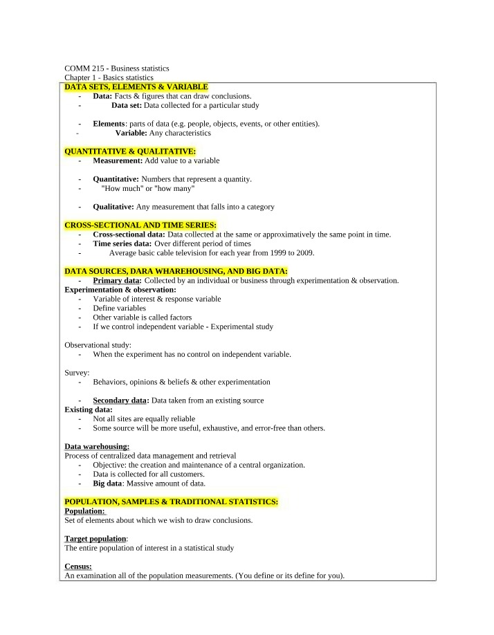 Business Statistics Chapter 1 - Data Sets, Elements, and Variables