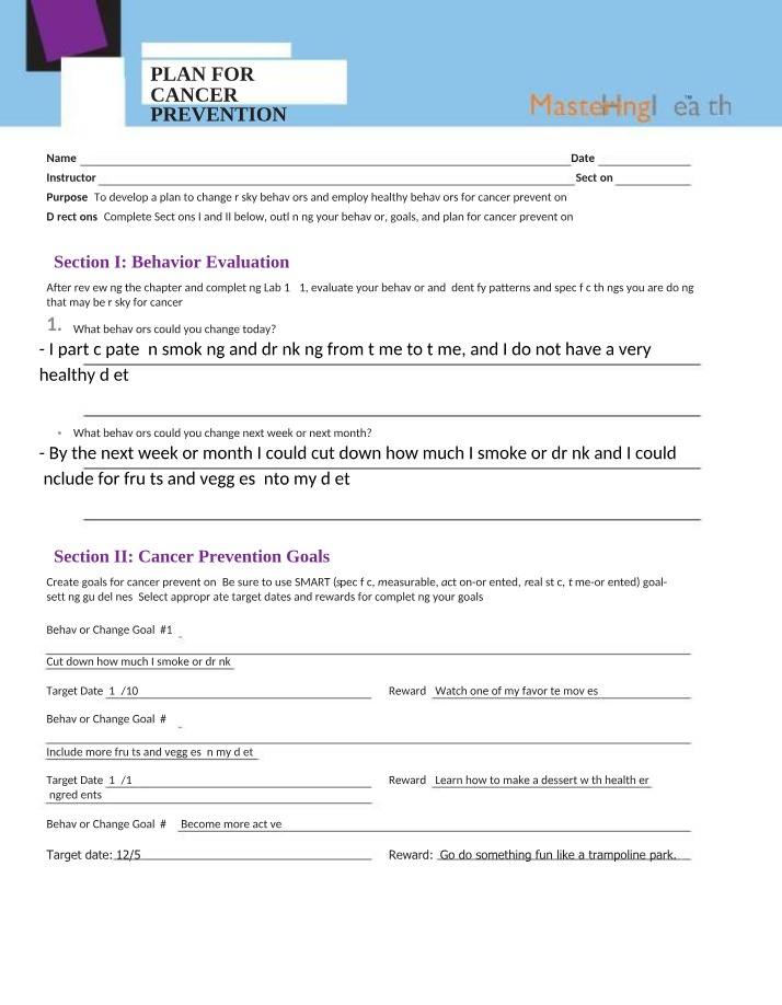Cancer Prevention - Assignment Plan
