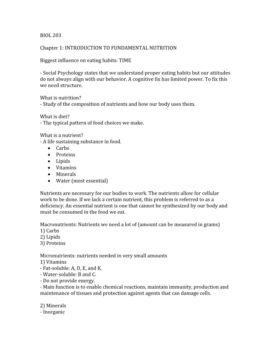 Introduction to Fundamental Nutrition - BIOL 203