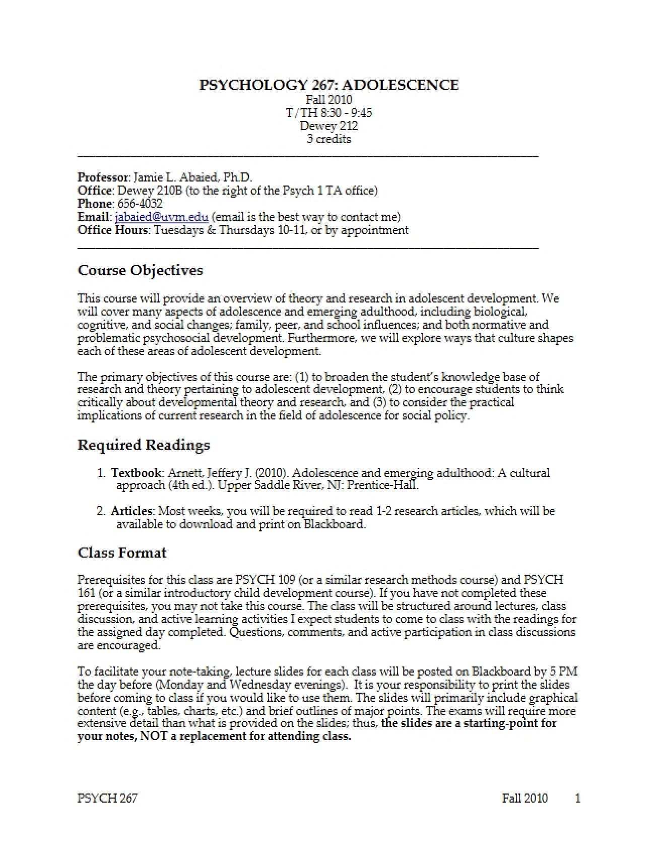 Adolescent Psychology Class Plan
