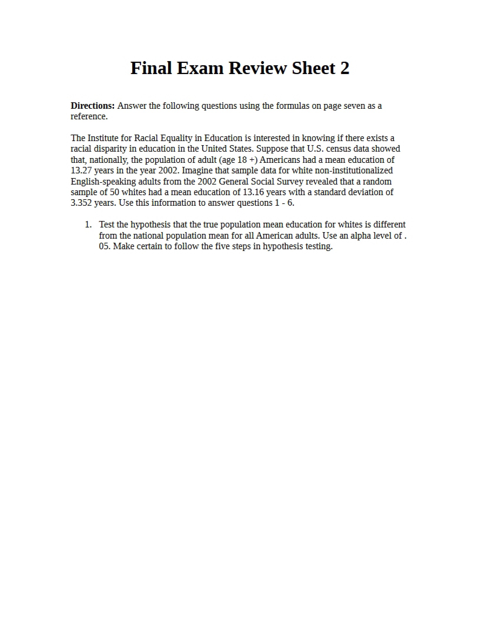 Review Sheet 2 for Final