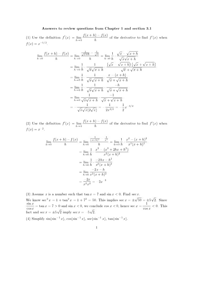 Calculus I - Chapter 1 Review Solutions