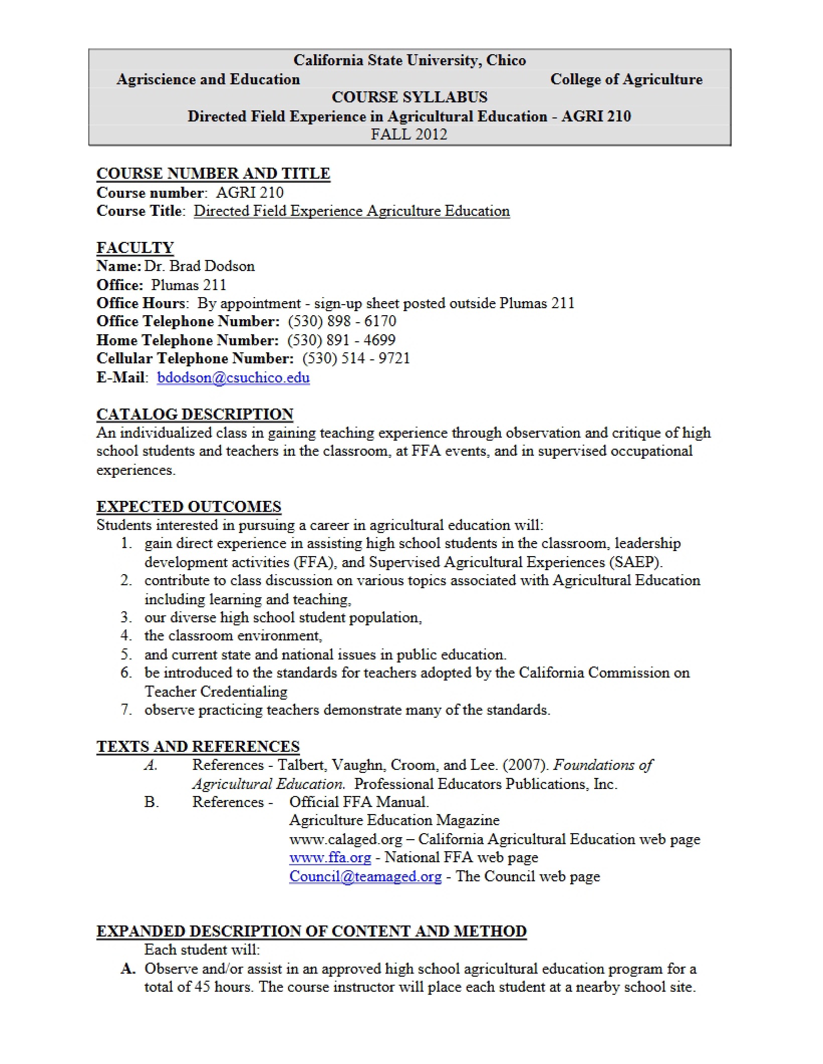 Ag Education Field Experience Syllabus