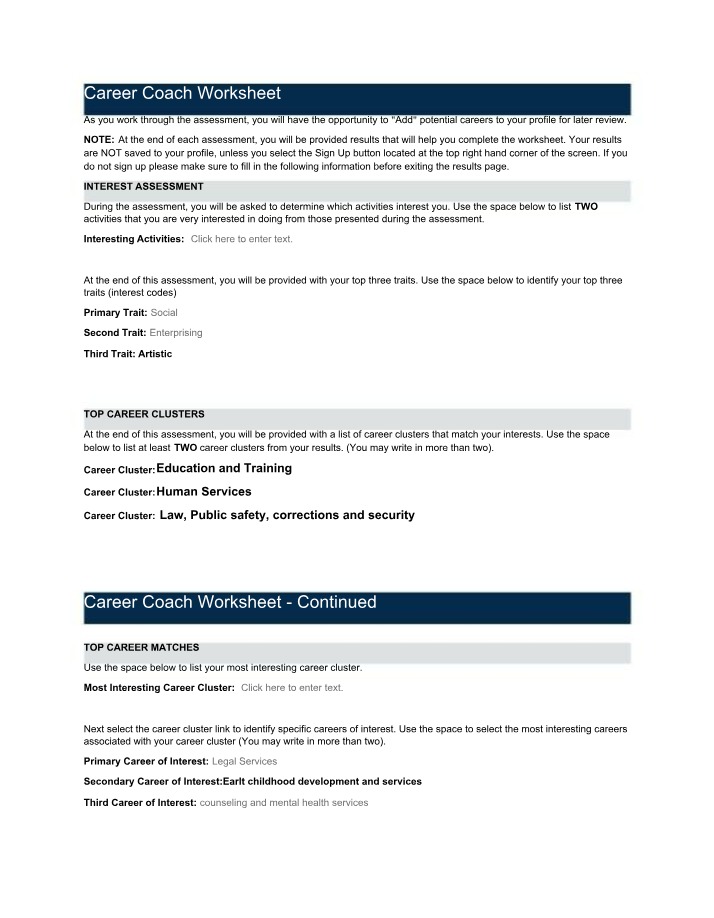 Worksheet for Career Coach