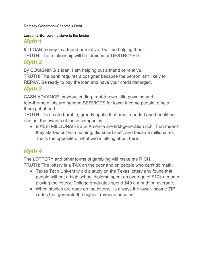 Chapter 3 Debt Lesson 2 Myths - Ramsey Classroom