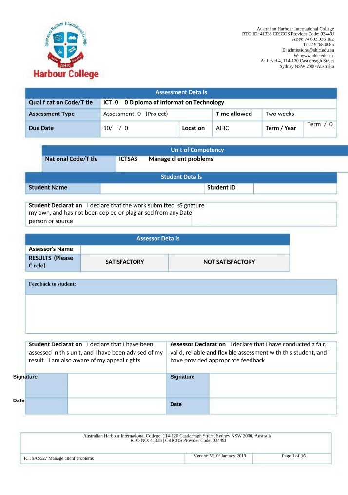 Assessment Details and Instructions for Manage Client Problems (ICTSAS527)