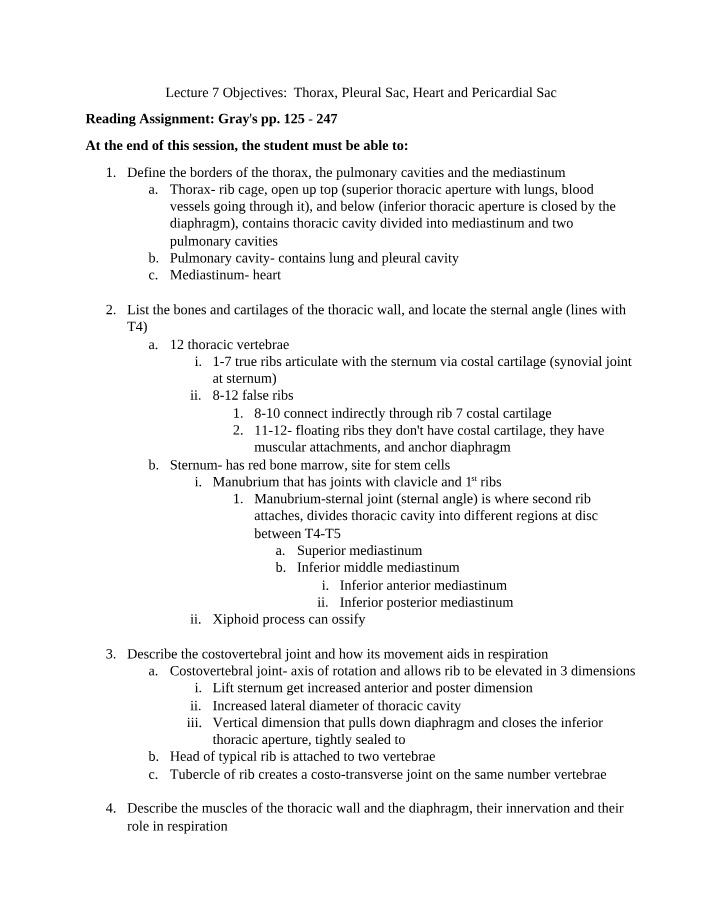 Thorax, Pleural Sac, Heart and Pericardial Sac - Lecture 7 Objectives