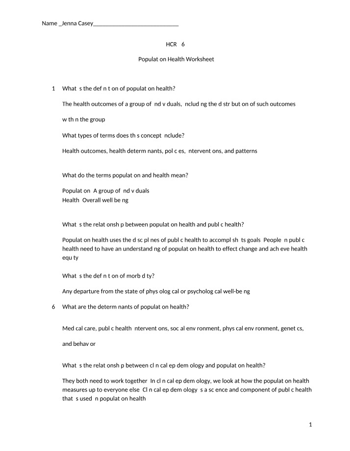 Worksheet on Population Health