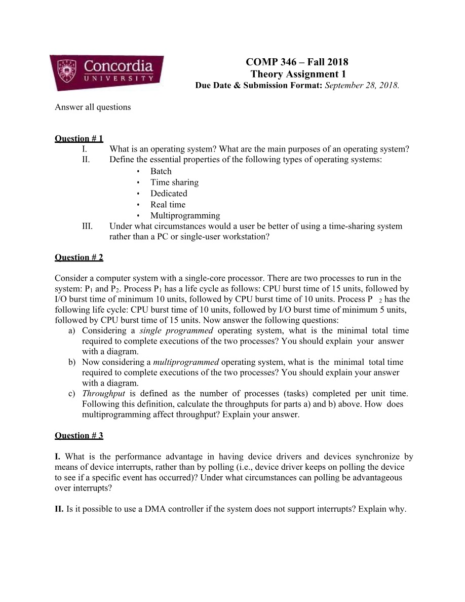 Theory Assignment 1 - COMP 346 Fall 2018