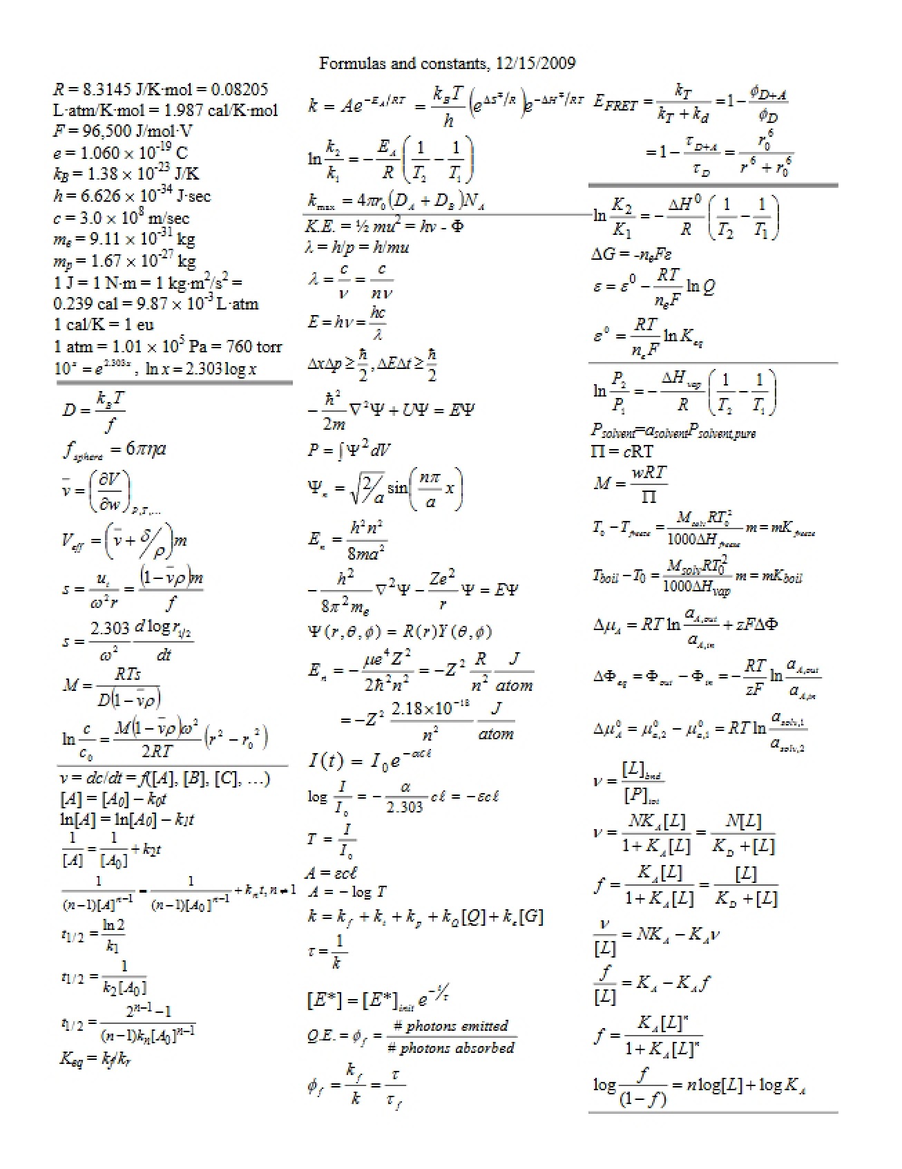 Constants and Formula Sheet