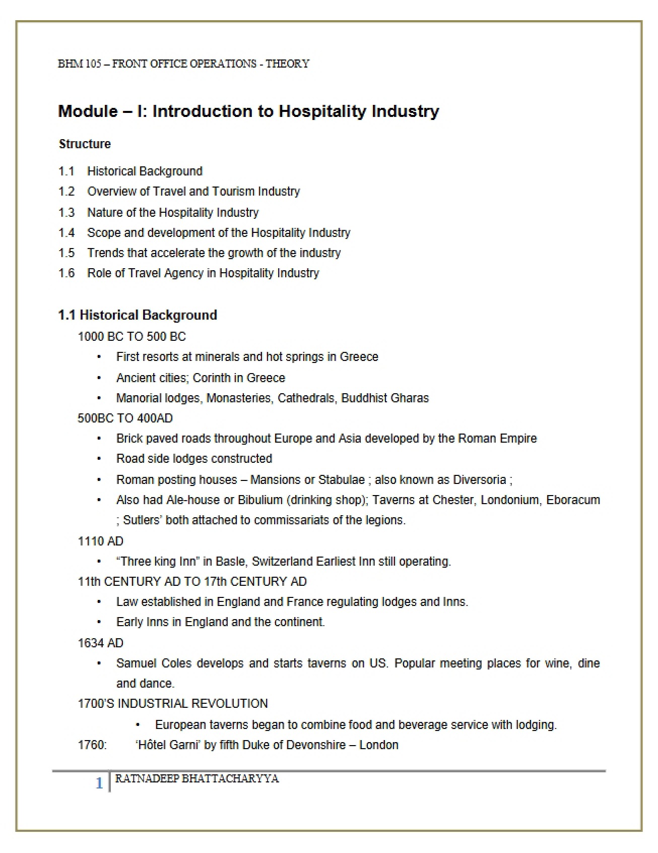 Module I Introduction to Hospitality Industry