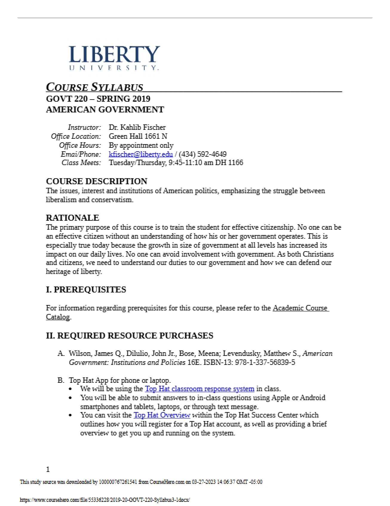 Syllabus for a Course in American Government