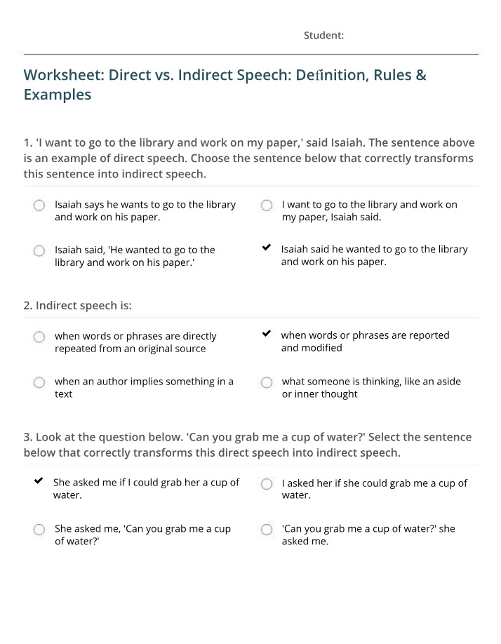 Worksheet for Direct vs Indirect Speech