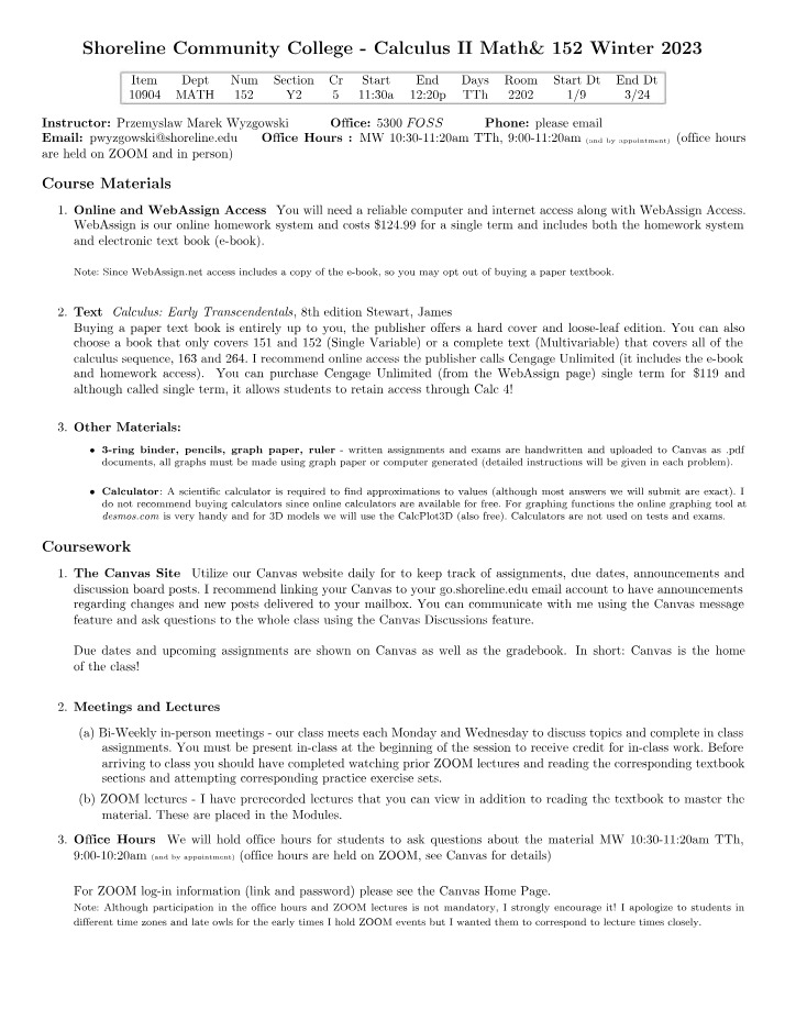 Winter 2023 Calculus II Course Information