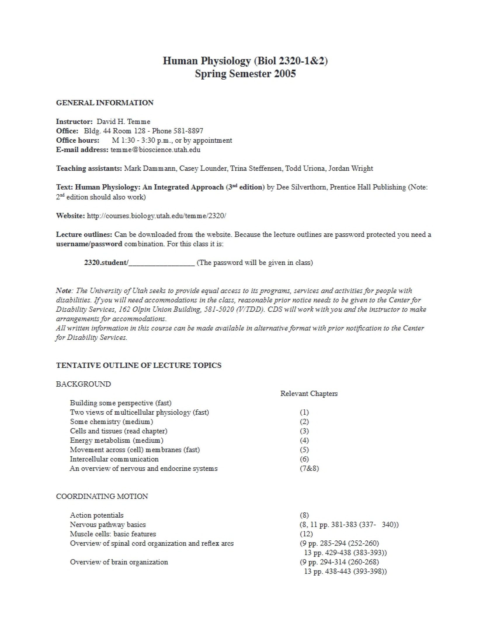 Syllabus for Human Physiology