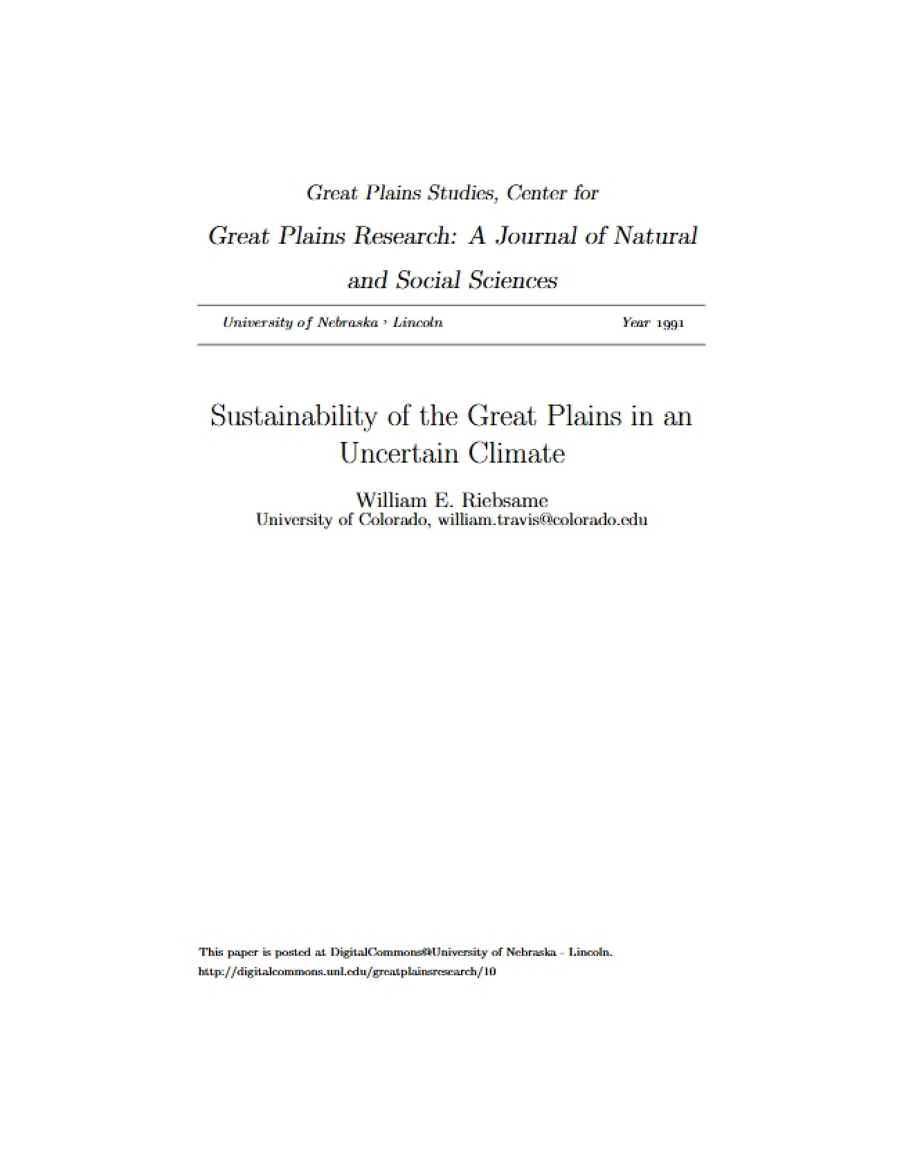 Sustainability of the Great Plains in a Changing Climate