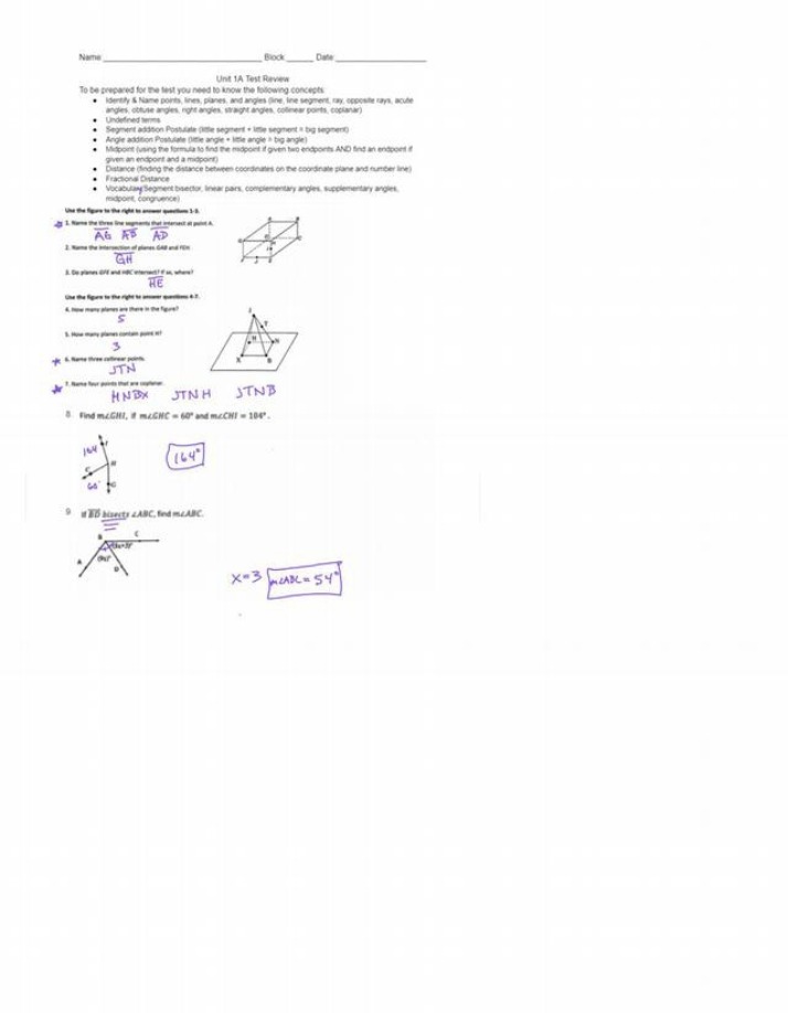 Geometry Test Review - Points, Lines, Angles, and Midpoints
