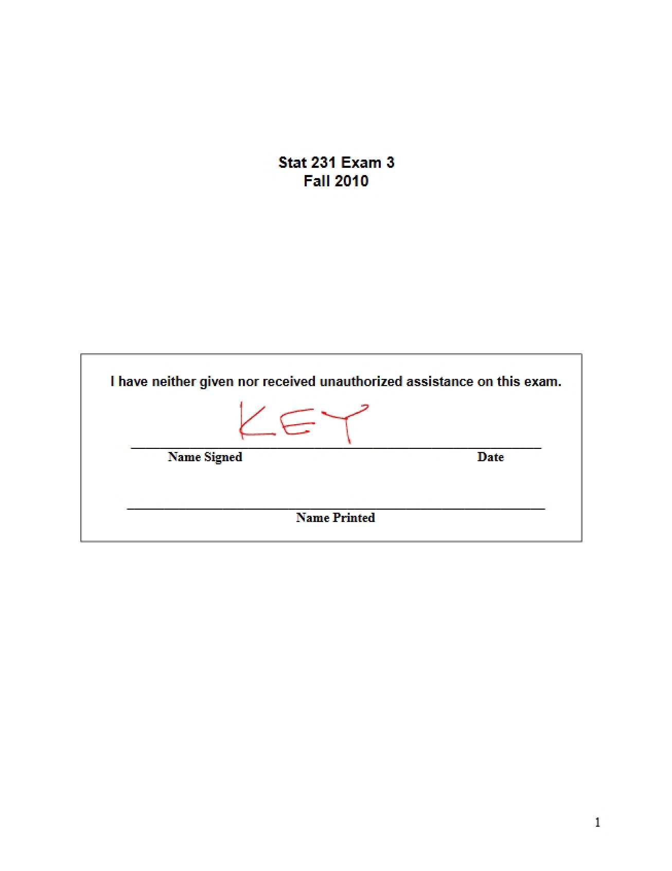Third Test from the Fall 2010 Probability and Statistics Course