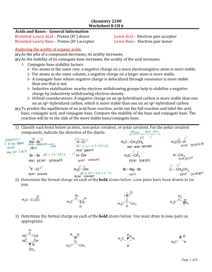Worksheet 8 (CH 6) - Acids and Bases General Information