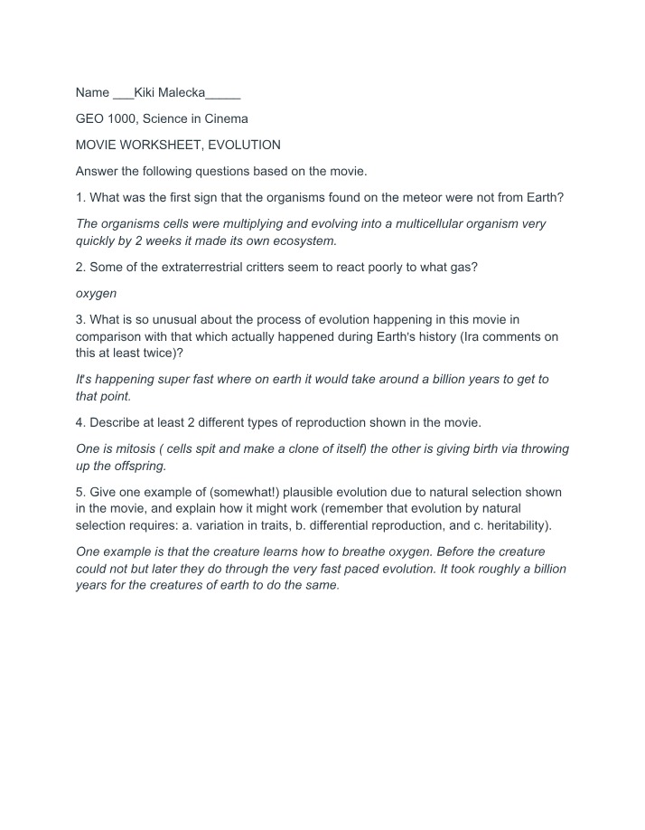 Worksheet for Evolution Movie