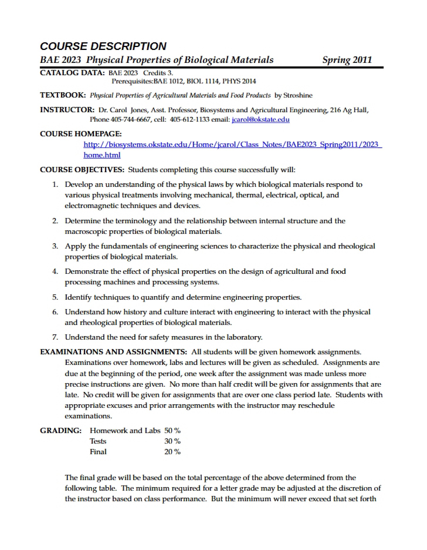 Course Description for BAE 2023